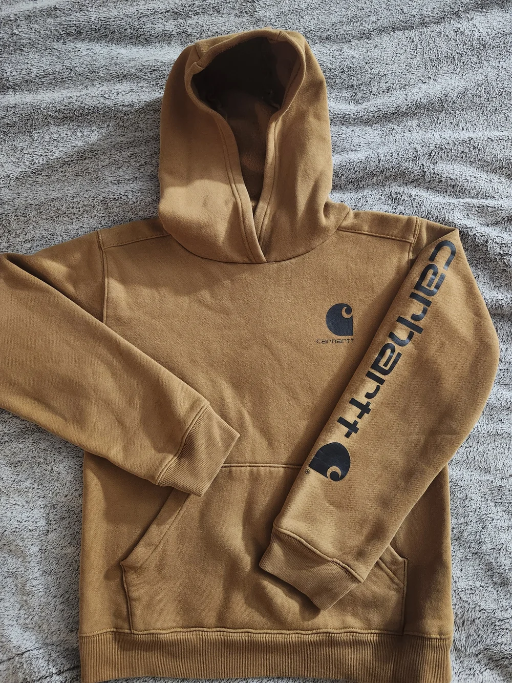 Carhartt Boys Brown Hoodie Logo Sleeve Fleece Pullover Youth Small 8-10
